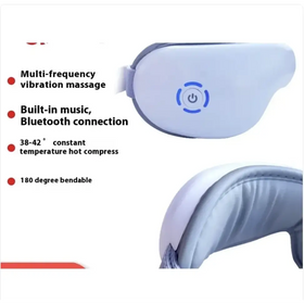 White and gray massage headband with a power button illuminated in blue.