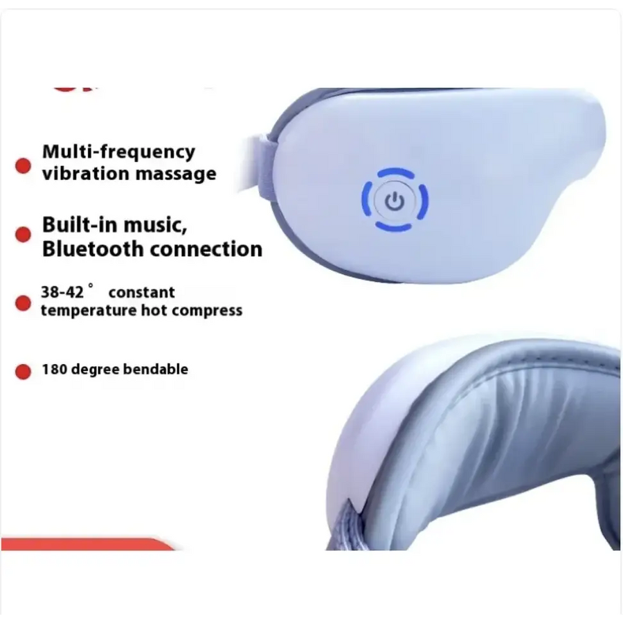 White and gray massage headband with a power button illuminated in blue.