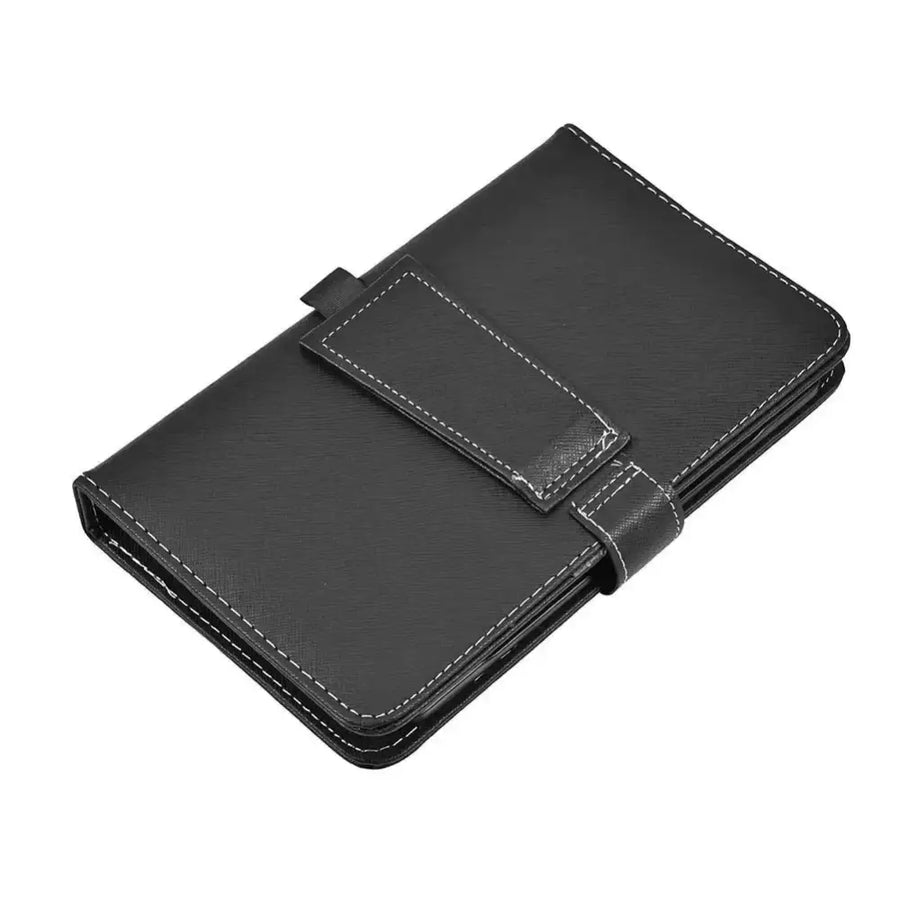 Black leather-style tablet case with white stitching and a flap closure.