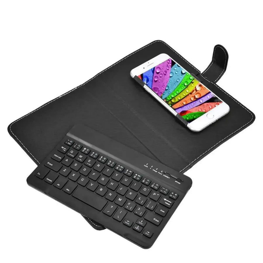 Black leather-style tablet case with integrated wireless keyboard and phone slot