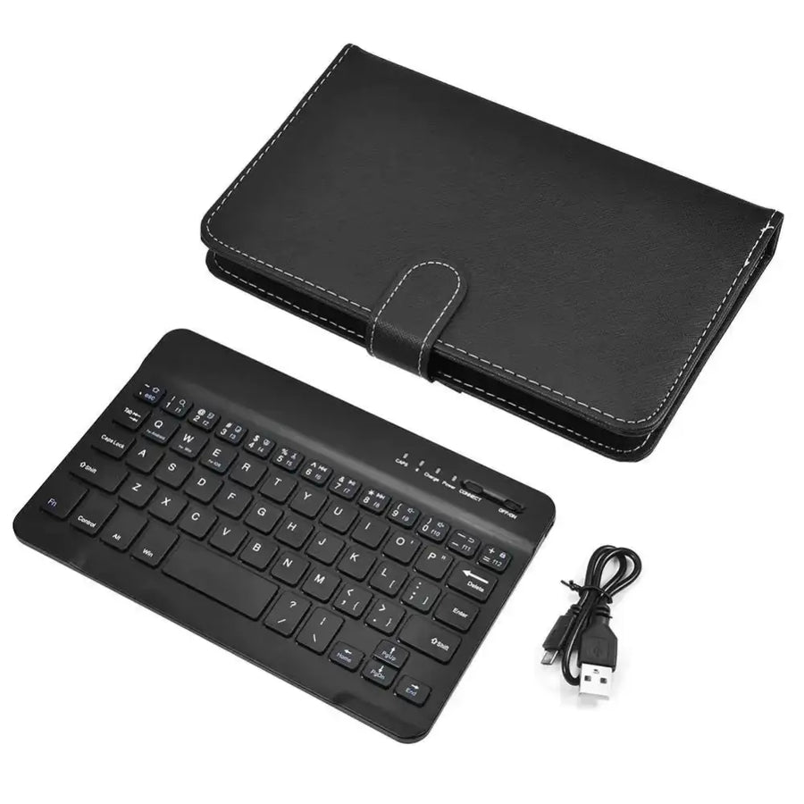 Black wireless keyboard with matching leather case and usb charging cable