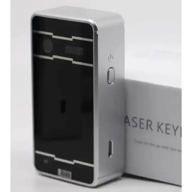 Silver rectangular laser key finder with black front panel and white geometric accents.