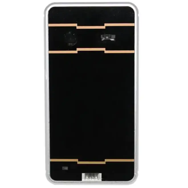 Black smartphone back panel with silver metallic frame and gold-colored horizontal accent strips.