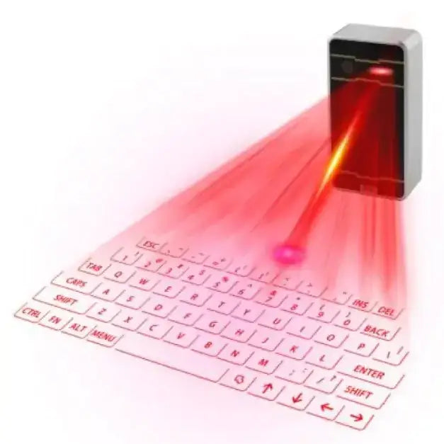 A sleek silver smartphone projects a vibrant red laser keyboard onto the surface below.