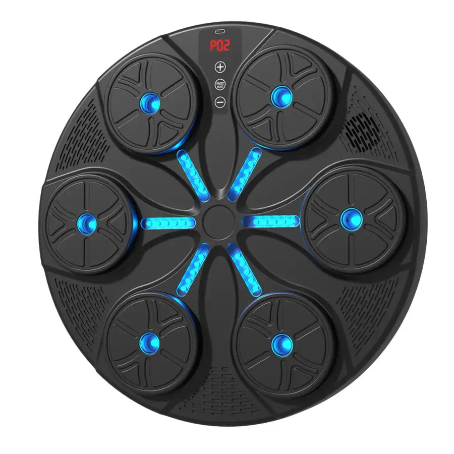 Black circular massager with six glowing blue led lights and a digital display showing ’p02’’.