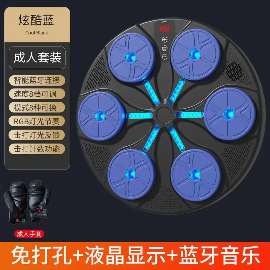 Circular black massage pad with six blue illuminated circular pads and central led strips, featuring a digital display panel.