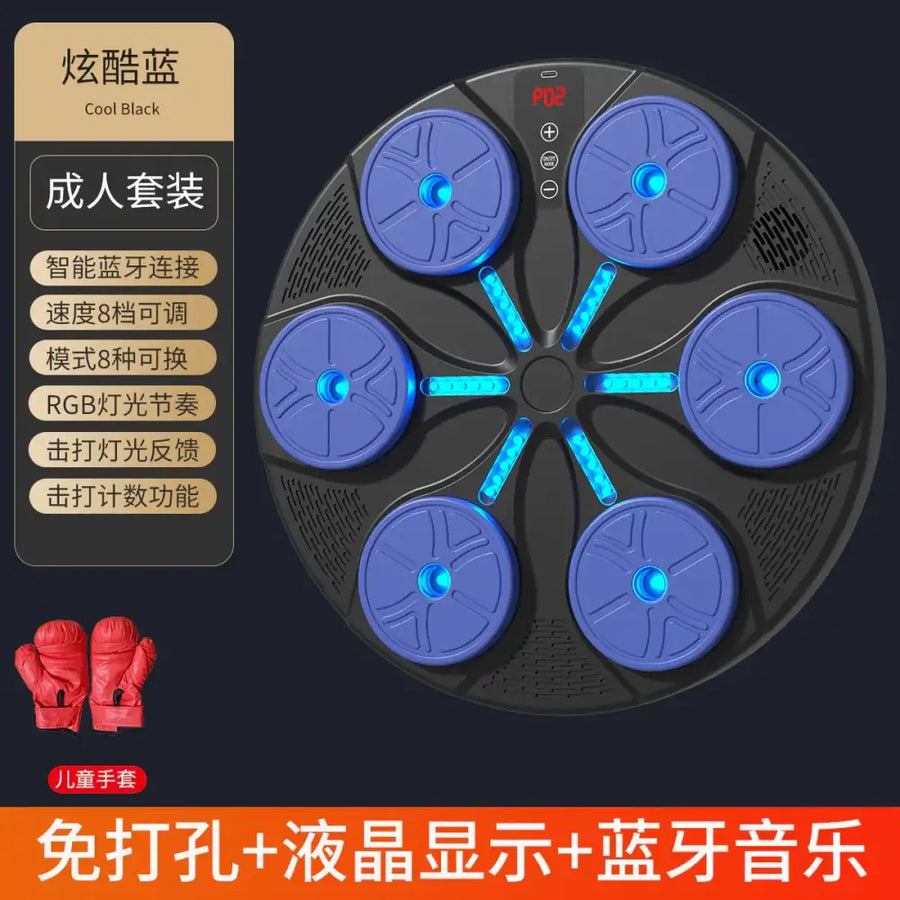 Cool black circular fitness massage pad with six blue illuminated rollers and a central control panel.