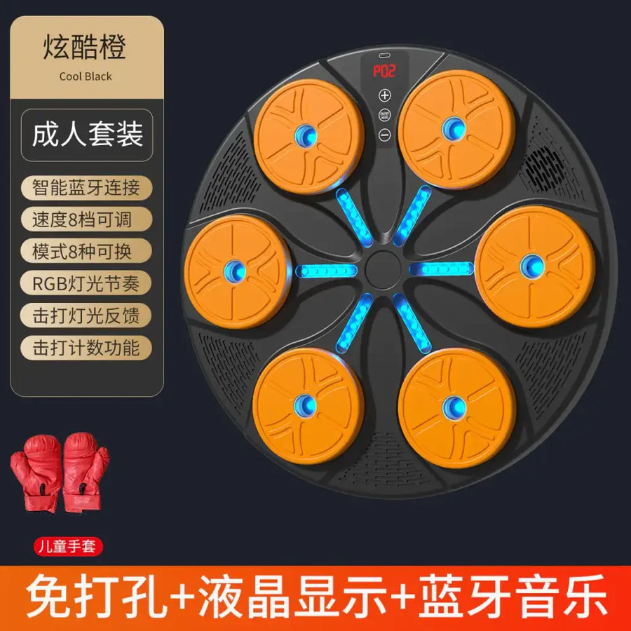 Cool black smart bluetooth-connected foot massager with six orange circular massage heads and blue led lighting.