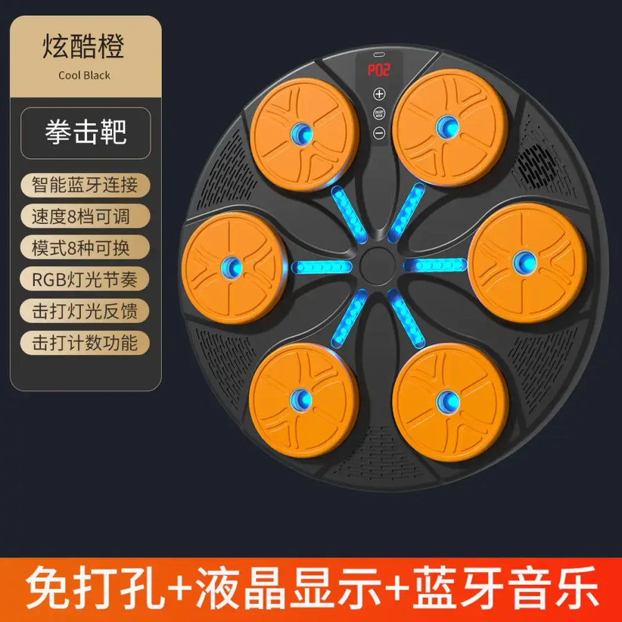 Cool black smart bluetooth-connected punching pad with six orange circular pads, blue led lighting accents, and a central digital display.