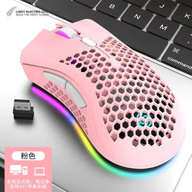 Pink wireless gaming mouse with honeycomb ventilation design and rgb lighting.