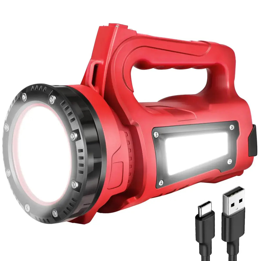 Red and black rugged flashlight with a built-in led light panel on the side.