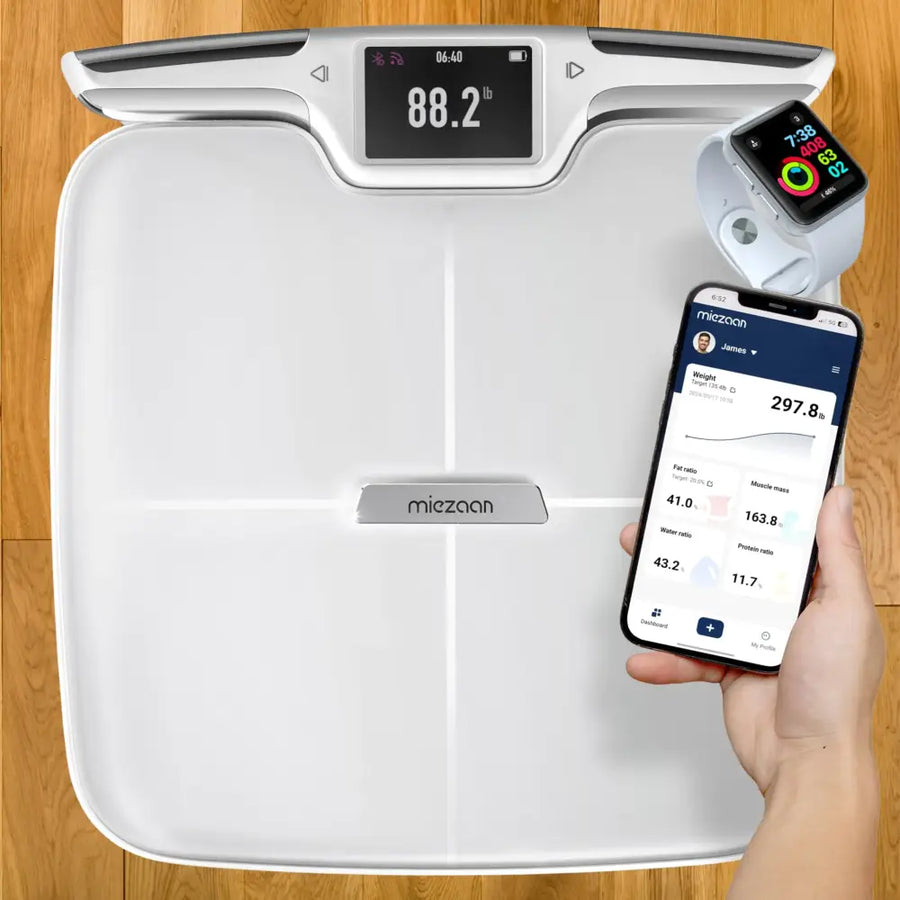 White miezoon smart scale with digital display showing weight and body composition metrics.