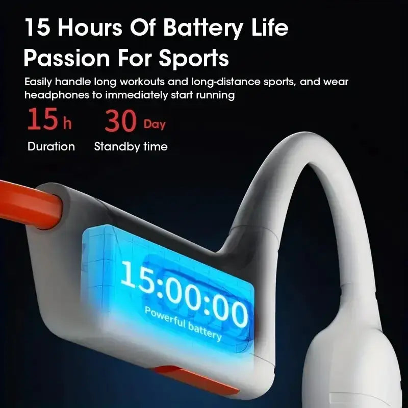 White and orange bone-shaped wireless sports headphones with a glowing blue digital display showing the time.