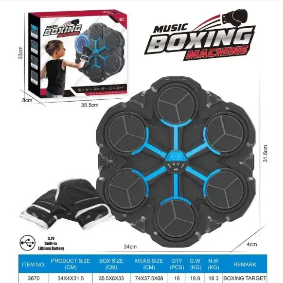 Black and blue hexagonal music boxing machine with a central control panel.