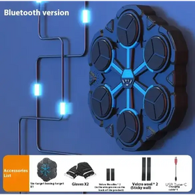Blue hexagonal bluetooth boxing target with six circular targets and glowing blue led lights.