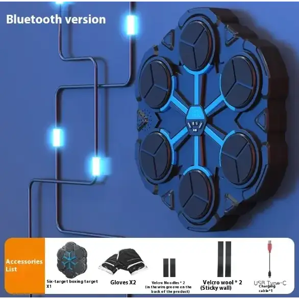 Blue hexagonal bluetooth boxing target with six circular targets and glowing blue led lights.