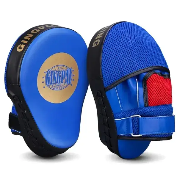 Blue and black gingpai brand boxing punch mitts with a red mesh panel on the side.