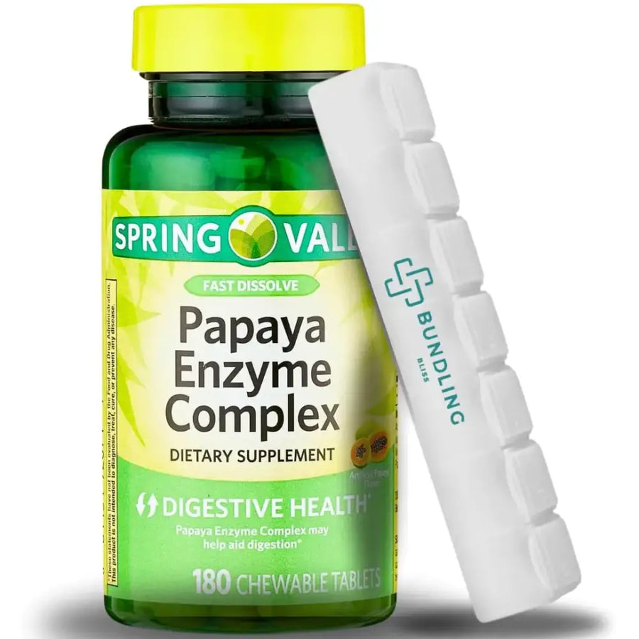Green glass bottle with a bright yellow cap and label reading ’spring valley papaya enzyme complex’ containing 180 chewable tablets.
