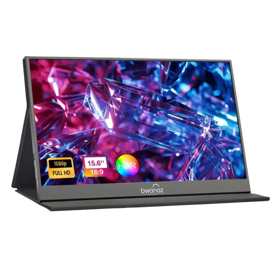 Black 15.6-inch bwanaz portable monitor with a sleek, slim profile and stand design