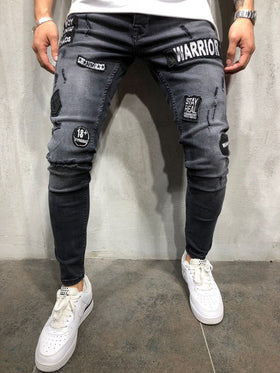 Men's Slim Fit Black Distressed Jeans with Patches