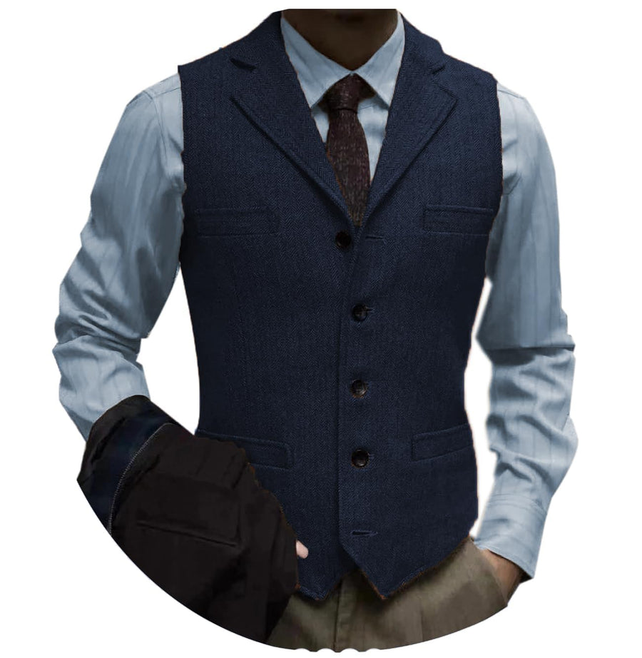 Tuikayoo Mens Tweed Suit Vintage Vest Herringbone Wool Prom Waistcoat Groomsmen(Large Navy)