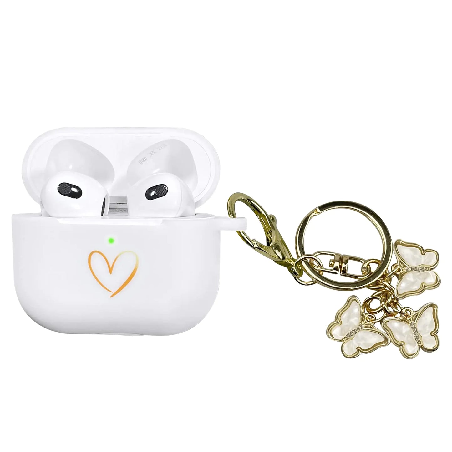 AIIEKZ Compatible with AirPods 3 Case Cover 2021 Soft Silicone Case with Gold Heart Pattern for AirPods 3rd Generation Case with Cute Butterfly Keychain for Girls Women (White) - Joomcy