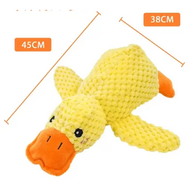 Yellow crocheted duck-shaped dog toy with orange beak and feet.