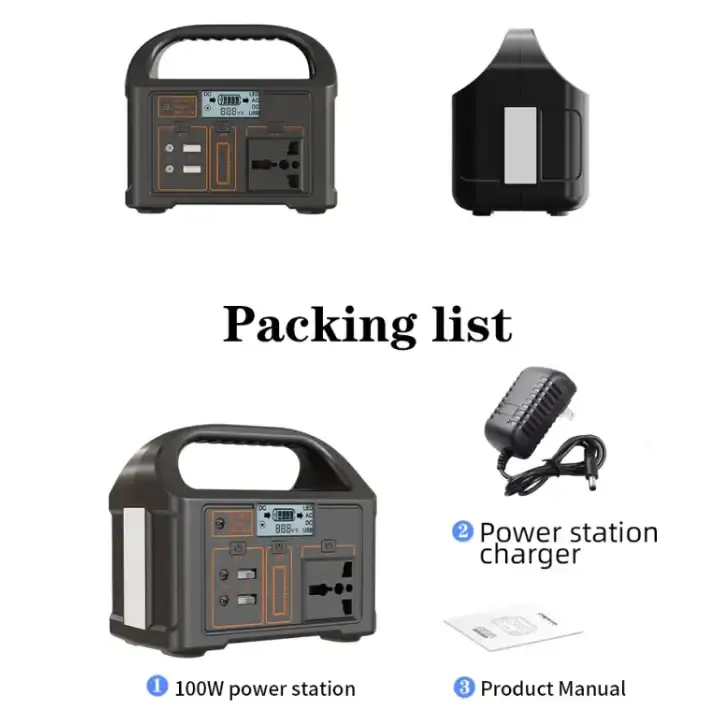 Black 100w portable power station with a handle, multiple usb and ac outlets, and an lcd display.