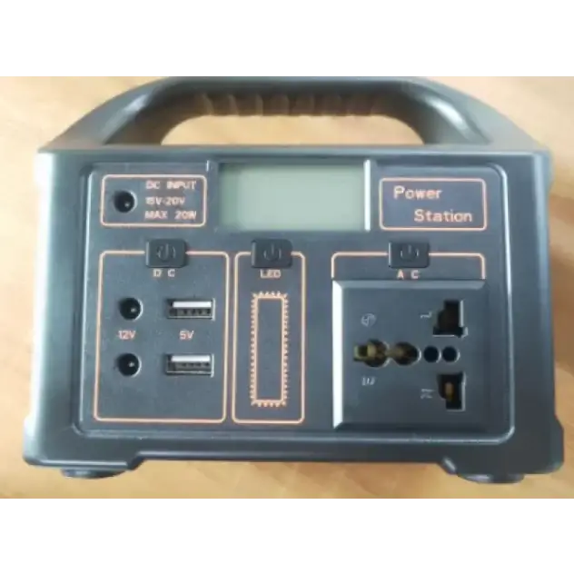 Black portable power station with multiple output ports and a digital display.