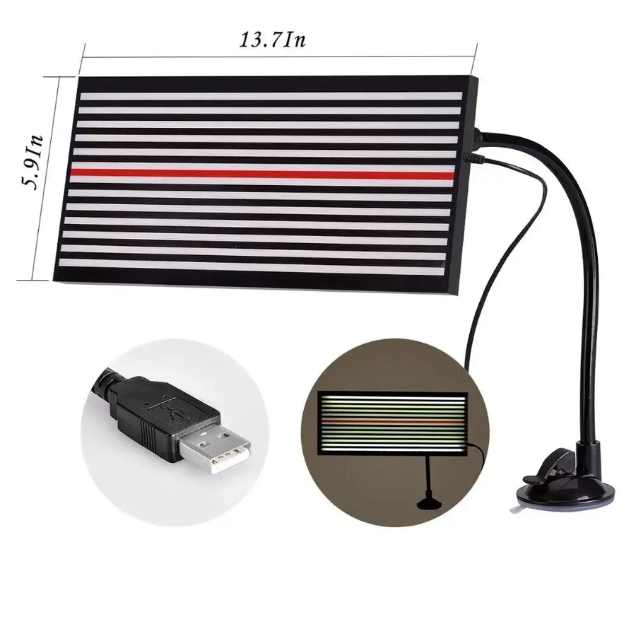 Black rectangular led aquarium light with a single red stripe among horizontal white stripes, featuring a flexible gooseneck arm and a suction cup base.