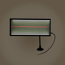 Black-framed led light panel with horizontal stripes of white and green illumination, featuring a single red stripe for contrast.