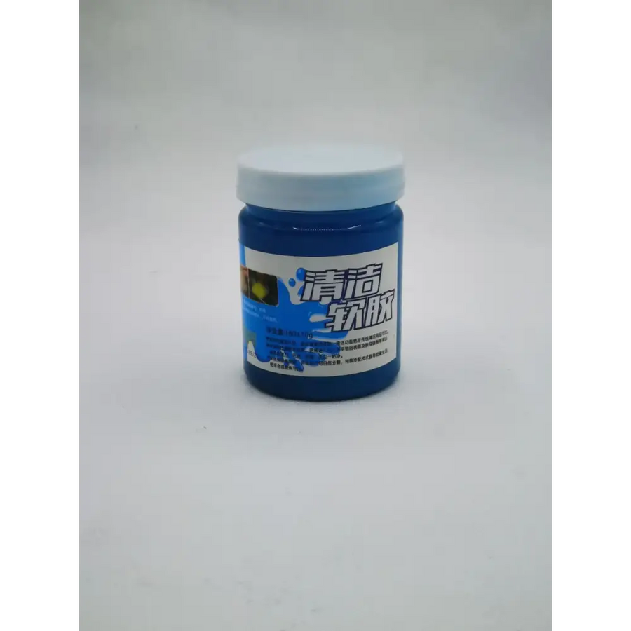 A blue jar with a white lid and label, containing cleaning gel for soft rubber.
