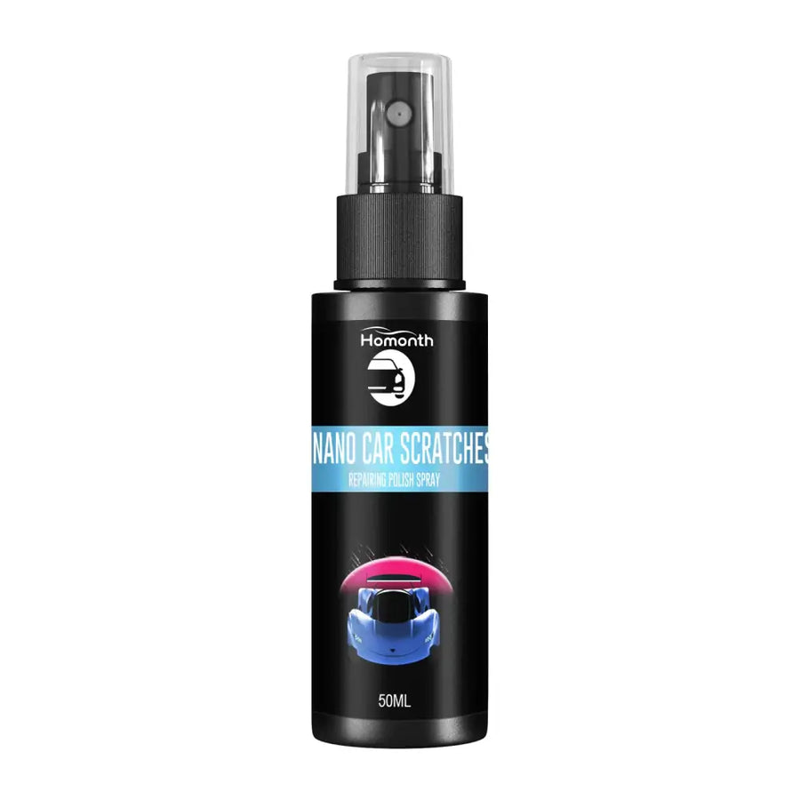 Black cylindrical spray bottle with a black ribbed nozzle and clear cap, labeled ’homonth nano car scratches repairing-polish spray’ in white text on a blue banner.