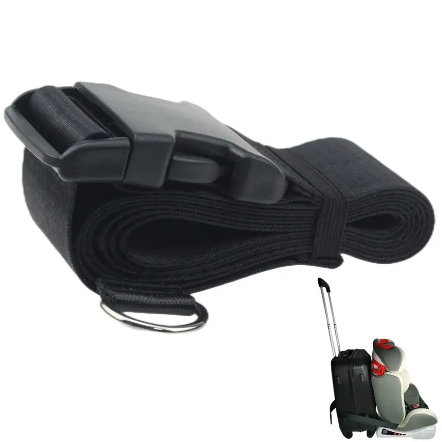 Black fabric luggage strap with a plastic buckle and metal ring.