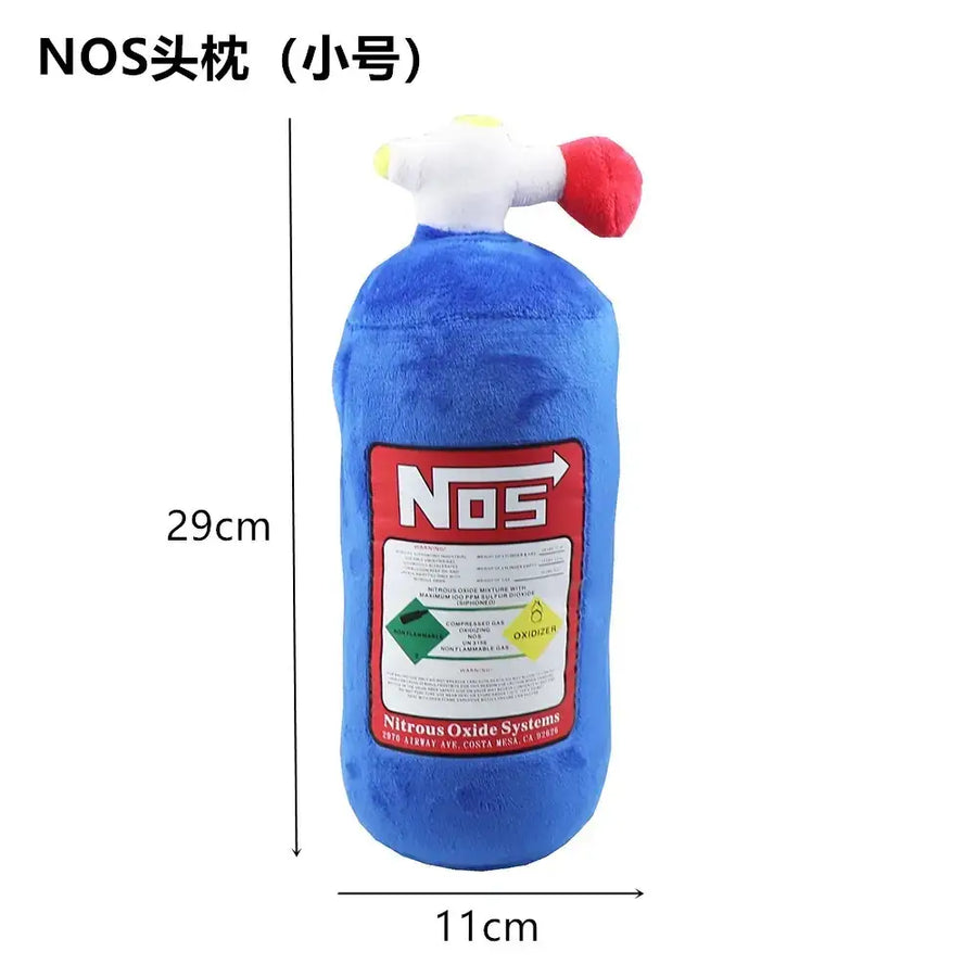 Blue plush nos nitrous oxide tank toy with a white and red nozzle.