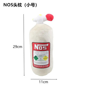 A plush, off-white nos nitrous oxide tank toy with a red and white valve cap.