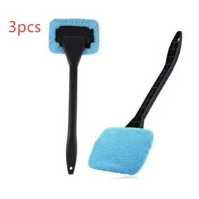 Blue microfiber car window cleaning brushes with black plastic handles.