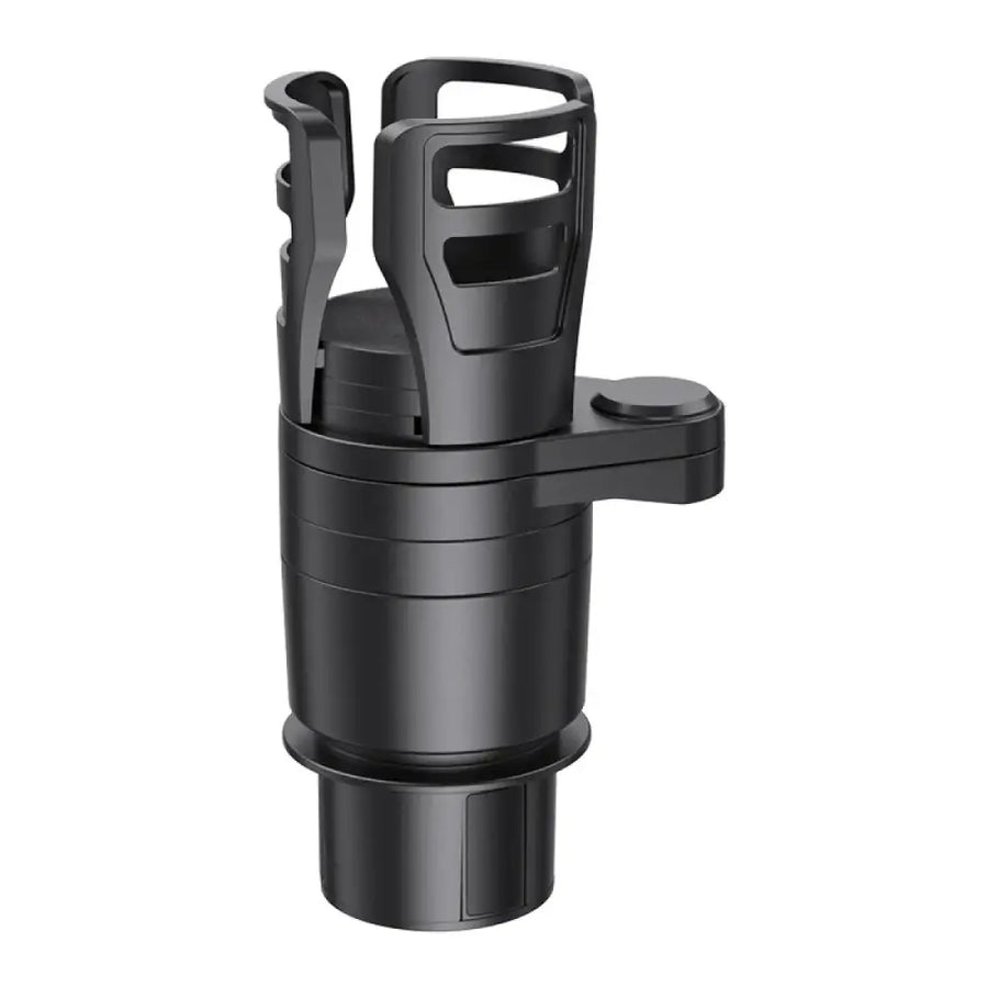Black plastic car cup holder with a sleek, modern design and adjustable clamping mechanism.