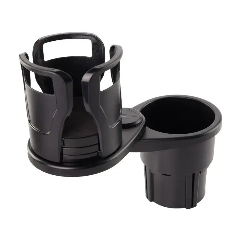 Black plastic car cup holder with a dual-compartment design featuring an adjustable, curved arm for secure placement.