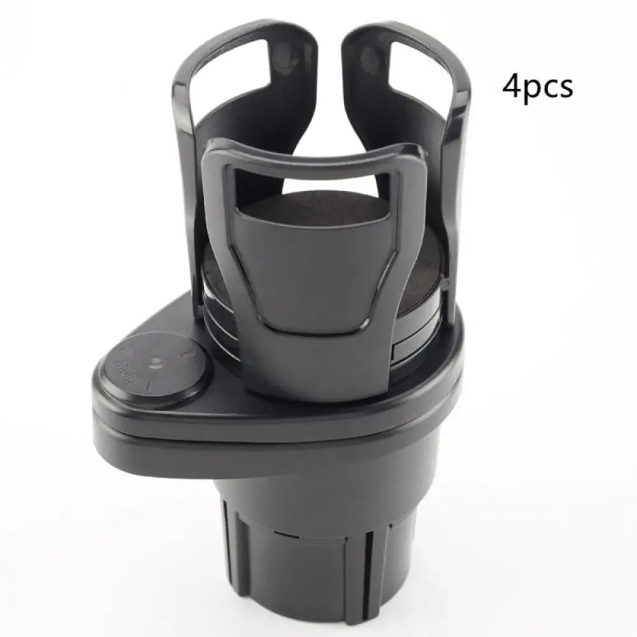 Black plastic car cup holder with a sleek, modern design and adjustable clamping mechanism.