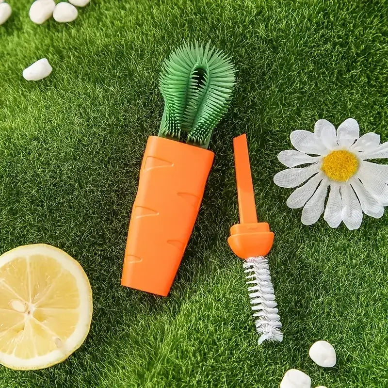 Orange carrot-shaped bottle brush with green bristles and a smaller orange bottle brush with white bristles