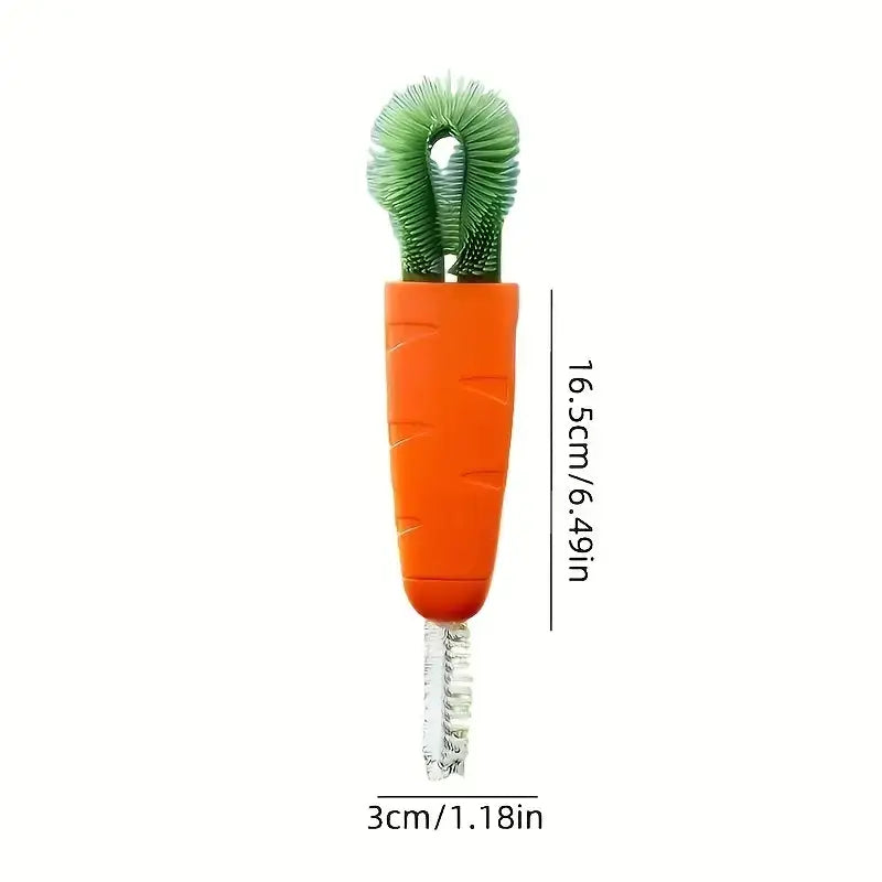Orange carrot-shaped bottle brush with green bristles and a silver metal tip.
