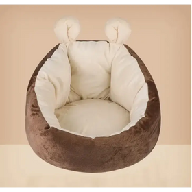 Brown plush pet bed with soft white inner lining and adorable rounded ear accents.
