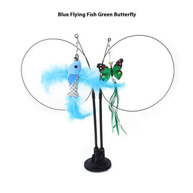 Blue flying fish and green butterfly cat toy with feathered wings and dangling tails.