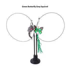 Green butterfly and gray squirrel cat toy with dangling feathers on a black stand.