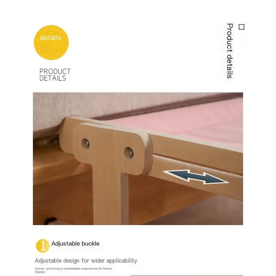 Light wood-colored adjustable bed frame corner joint with metal screws and a sliding mechanism.