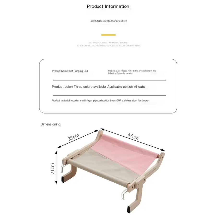 Pink and beige wooden multi-layer cat hanging bed with cotton linen sling and stainless steel hardware