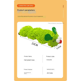 A bright green, fuzzy caterpillar plush toy with white and red eyes.