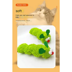 Bright green, plush caterpillar toy with fuzzy texture and embroidered eyes and antennae.