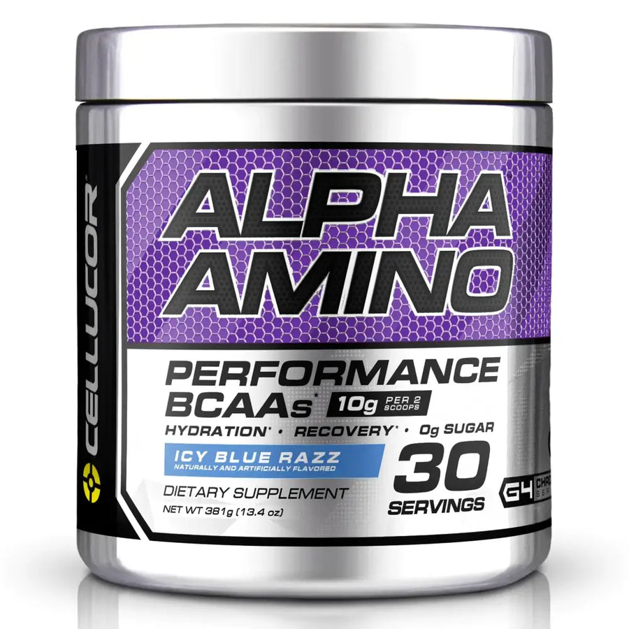 Silver cylindrical container of cellucor alpha amino performance bcaas in icy blue razz flavor.